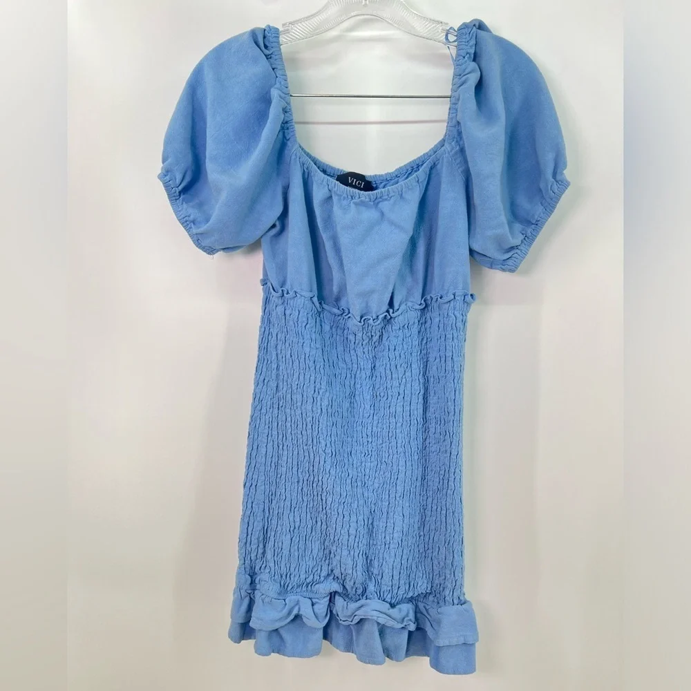 Vici Collection Light Blue Square Neck Puff Sleeve Smocked Mini Dress M Medium